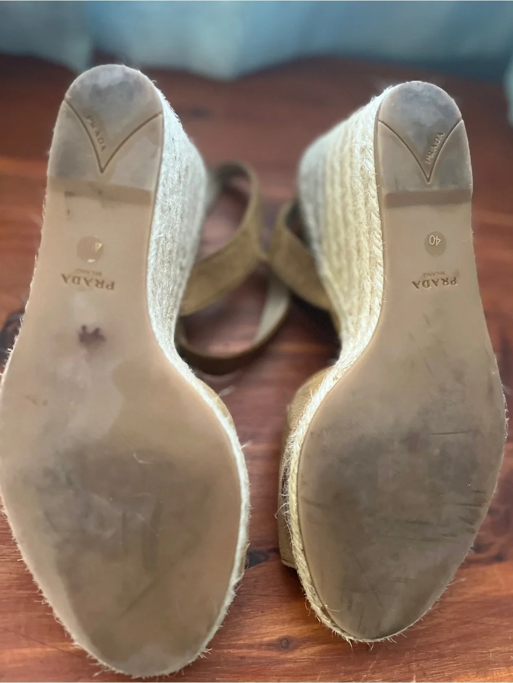 Prada Tan Suede Open-Toe Ankle-Strap Wedge Sandals